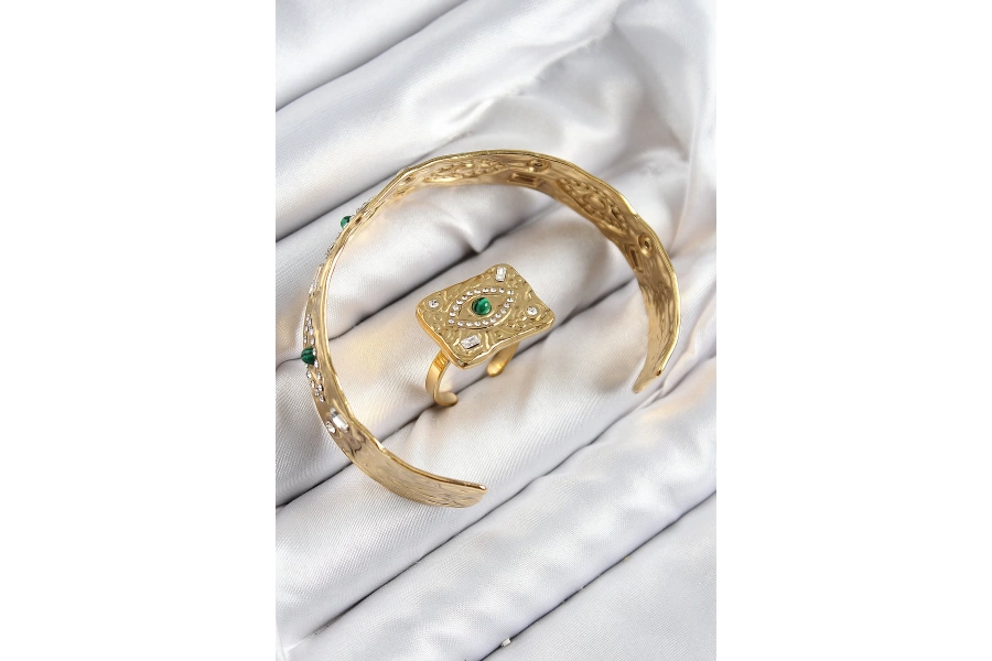 Shoecide Pirinç Zirkon Taşlı Göz Model Gold Renk Bileklik Yüzük Set