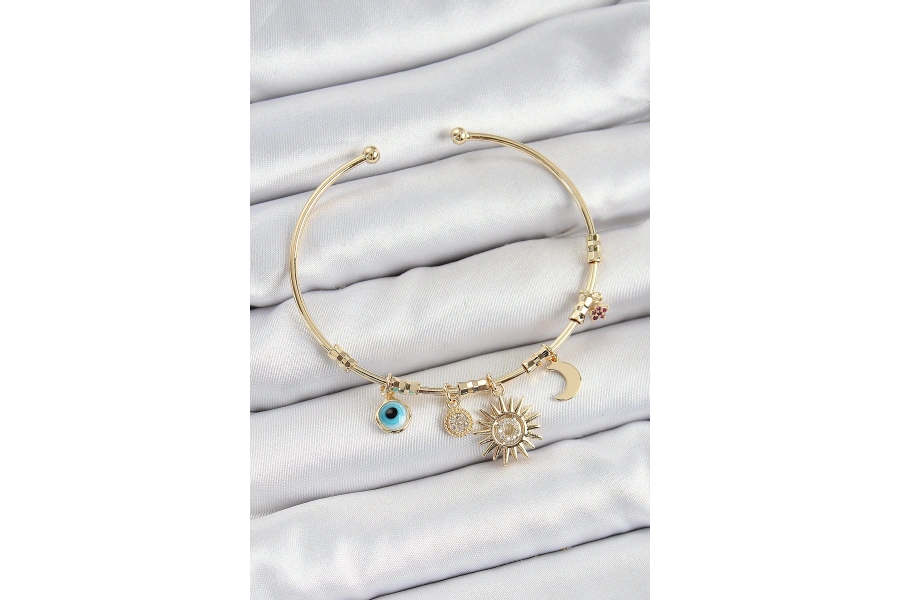 Shoecide Pirinç Zirkon Taşlı Güneş Ay Nazar Model Gold Renk Charm Bileklik