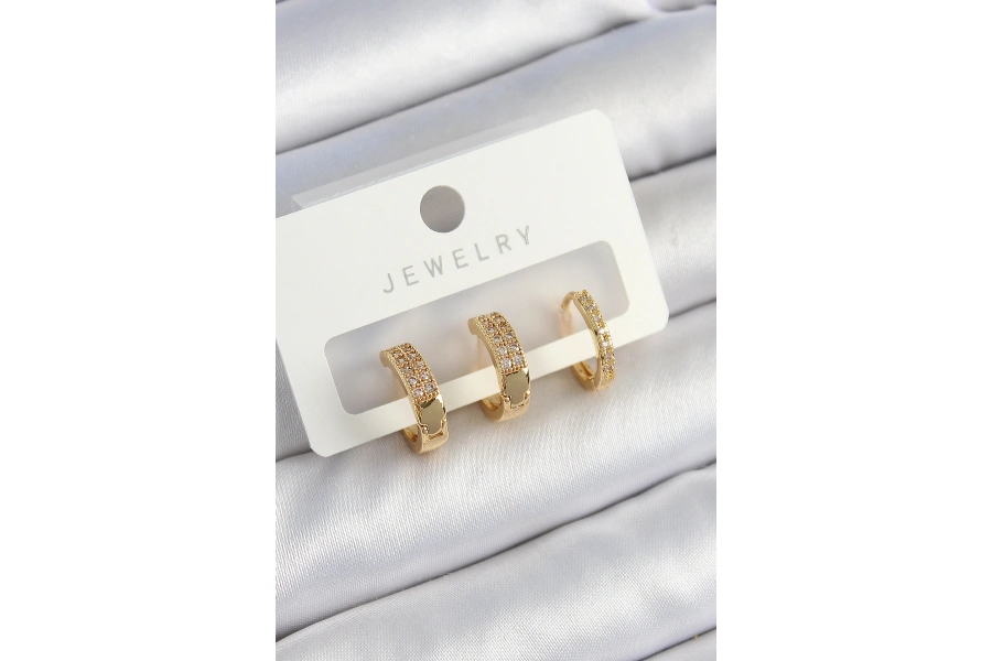 Shoecide Pirinç Zirkon Taşlı Halka Model Gold Renk 3lü Çift Kadın Küpe Set