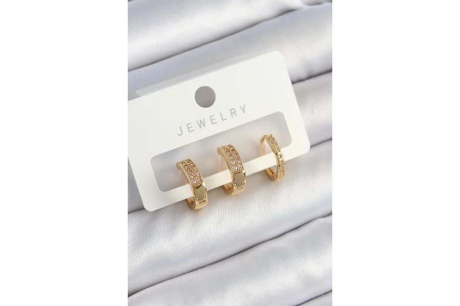 Shoecide Pirinç Zirkon Taşlı Halka Model Gold Renk 3lü Çift Kadın Küpe Set