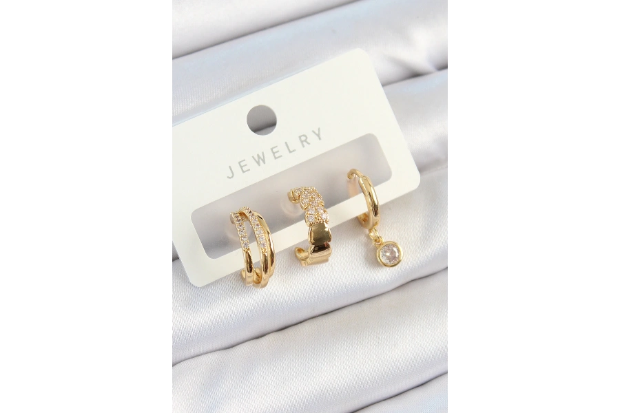 Shoecide Pirinç Zirkon Taşlı Halka Model Gold Renk 3lü Çift Kadın Küpe Set