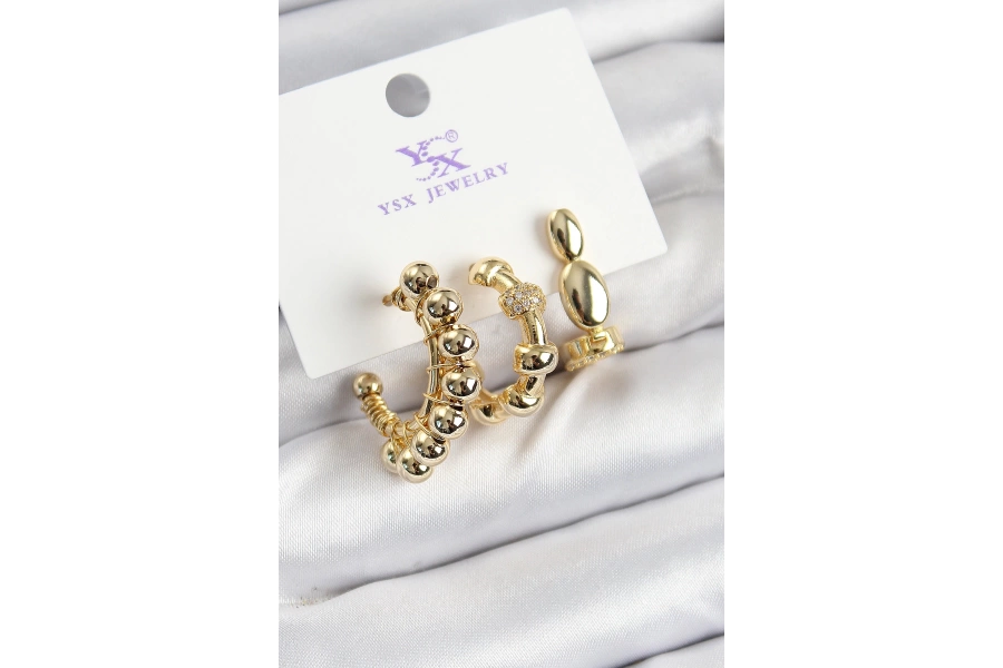 Shoecide Pirinç Zirkon Taşlı Halka Model Gold Renk 3lü Kadın Küpe