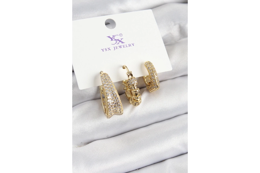 Shoecide Pirinç Zirkon Taşlı Halka Model Gold Renk 3lü Kadın Küpe