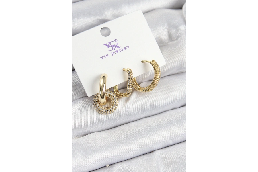 Shoecide Pirinç Zirkon Taşlı Halka Model Gold Renk 3lü Kadın Küpe