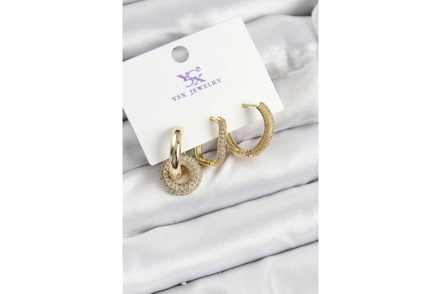 Shoecide Pirinç Zirkon Taşlı Halka Model Gold Renk 3lü Kadın Küpe