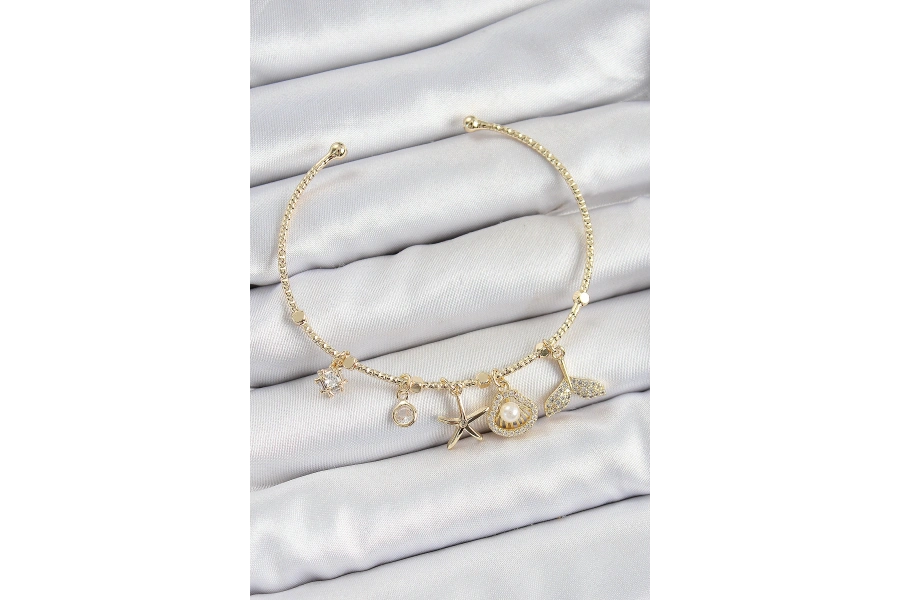 Shoecide Pirinç Zirkon Taşlı İstiridye Ve Deniz Yıldızı Model Gold Renk Charm Bileklik