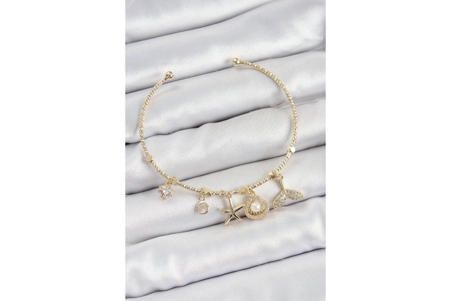 Shoecide Pirinç Zirkon Taşlı İstiridye Ve Deniz Yıldızı Model Gold Renk Charm Bileklik