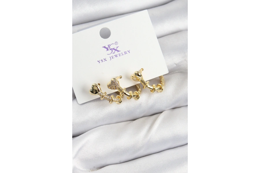 Shoecide Pirinç Zirkon Taşlı Kalp Model Gold Renk 3lü Kadın Küpe