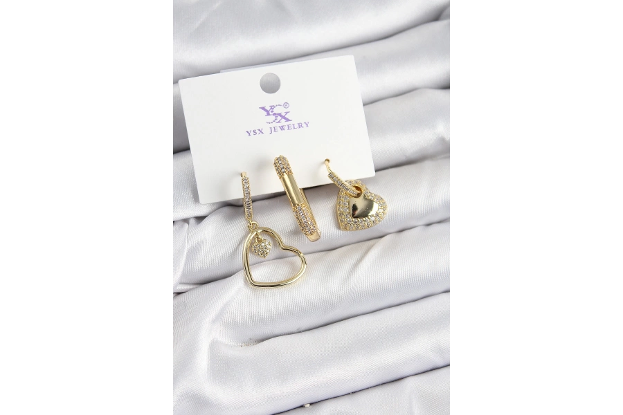 Shoecide Pirinç Zirkon Taşlı Kalp Model Gold Renk 3lü Kadın Küpe