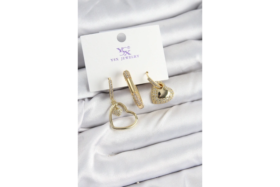 Shoecide Pirinç Zirkon Taşlı Kalp Model Gold Renk 3lü Kadın Küpe