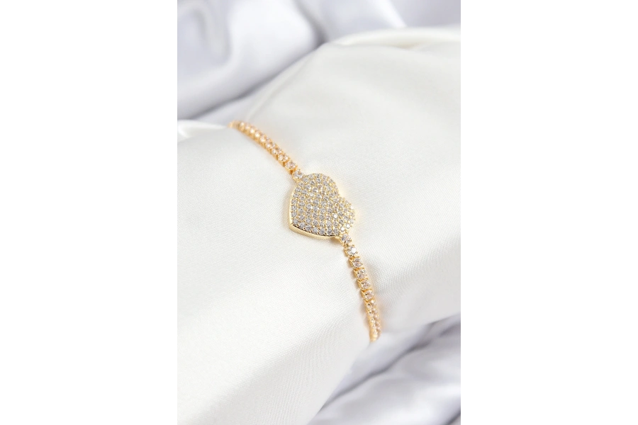 Shoecide Pirinç Zirkon Taşlı Kalp Model Gold Renk Asansörlü Kadın Bileklik