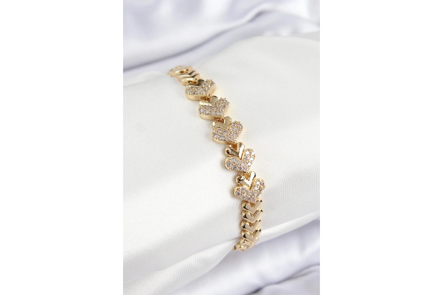 Shoecide Pirinç Zirkon Taşlı Kalp Model Gold Renk Kadın Bileklik
