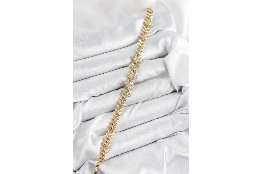Shoecide Pirinç Zirkon Taşlı Kalp Model Gold Renk Kadın Bileklik