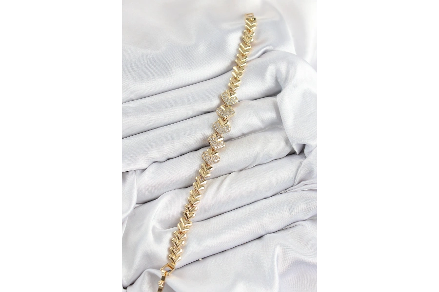 Shoecide Pirinç Zirkon Taşlı Kalp Model Gold Renk Kadın Bileklik