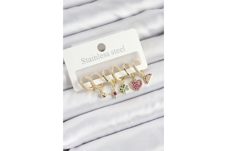 Shoecide Pirinç Zirkon Taşlı Karpuz Yonca Kalp Pusula Karışık Model Gold Renk 6lı Set Kadın Küpe