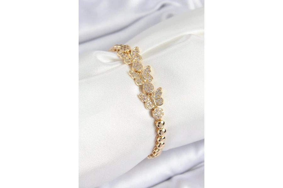 Shoecide Pirinç Zirkon Taşlı Kelebek Model Gold Renk Kadın Bileklik