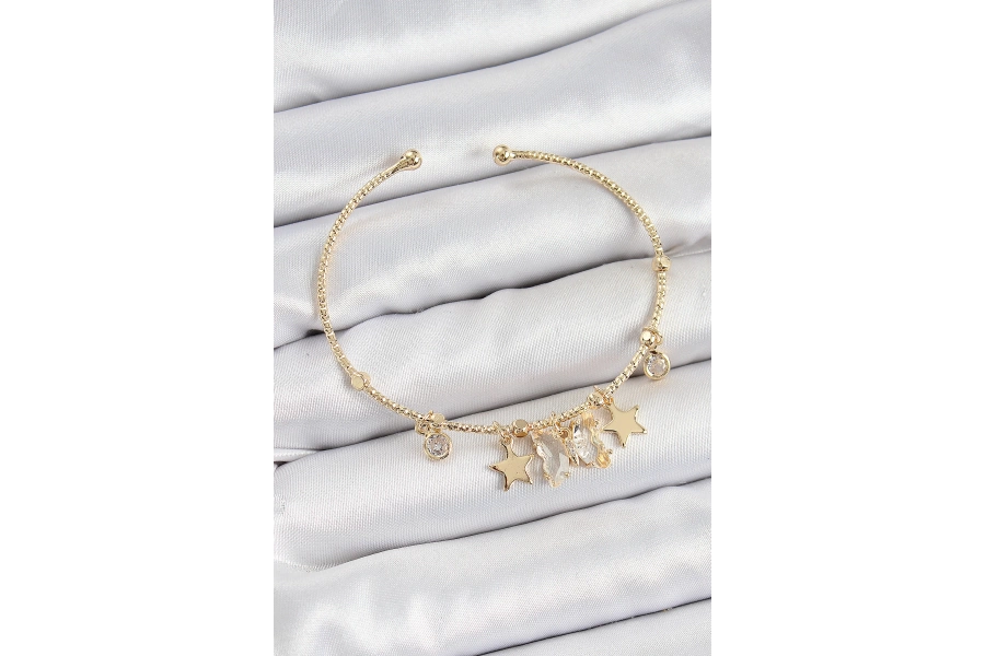 Shoecide Pirinç Zirkon Taşlı Kelebek Ve Yıldız Model Gold Renk Charm Bileklik