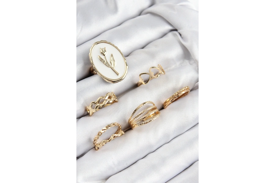 Shoecide Pirinç Zirkon Taşlı Lale Model Gold Renk Kadın Yüzük Kombin Set
