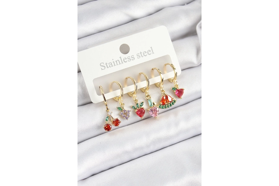 Shoecide Pirinç Zirkon Taşlı Meyve Temalı Karışık Model Gold Renk 6lı Set Kadın Küpe