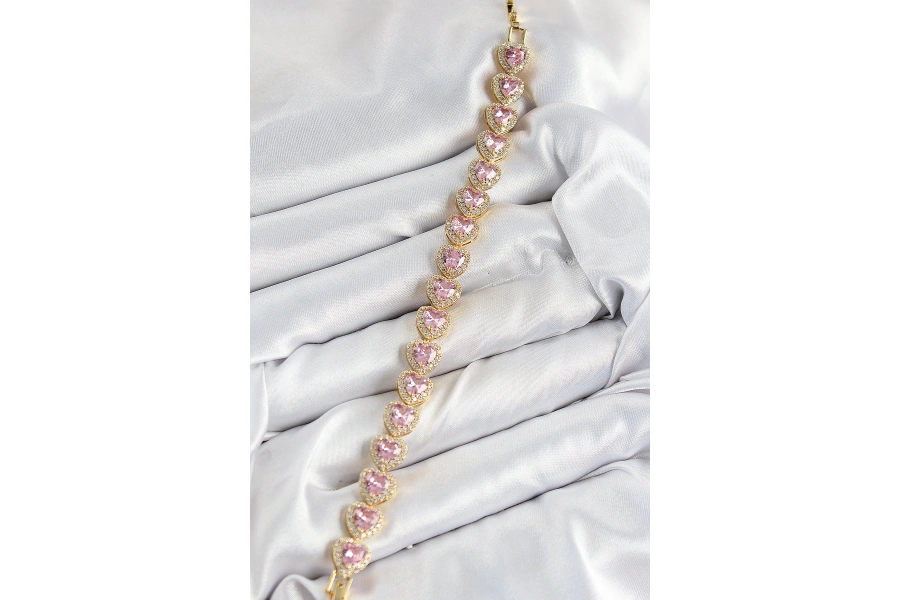 Shoecide Pirinç Zirkon Taşlı Pembe Kalp Baget Model Gold Renk Vıp Seri Kadın Bileklik