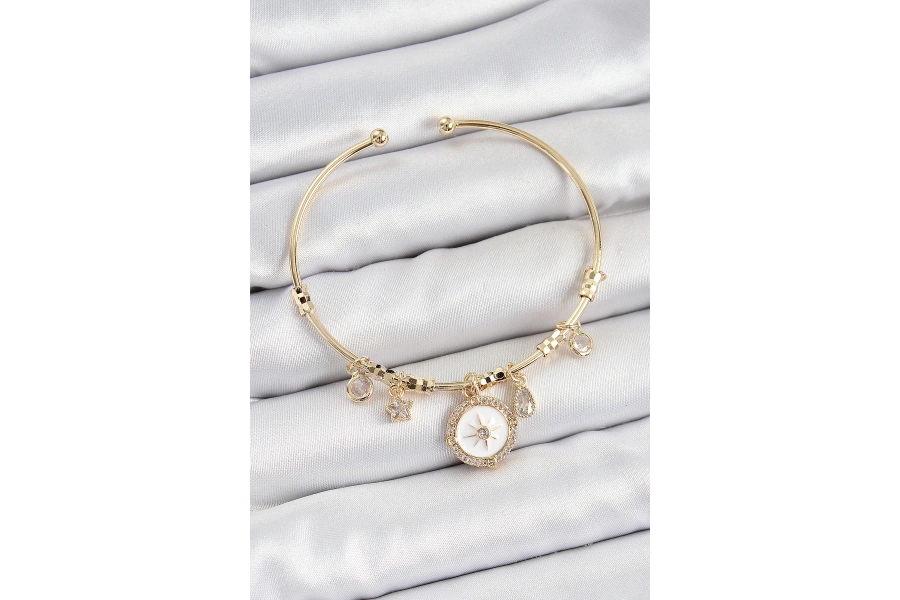 Shoecide Pirinç Zirkon Taşlı Pusula Model Gold Renk Charm Bileklik