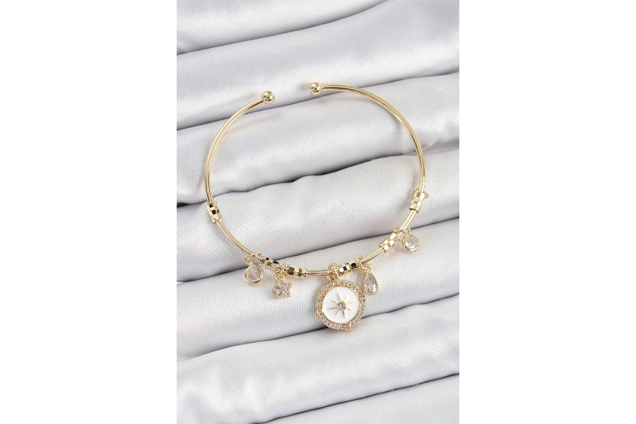 Shoecide Pirinç Zirkon Taşlı Pusula Model Gold Renk Charm Bileklik
