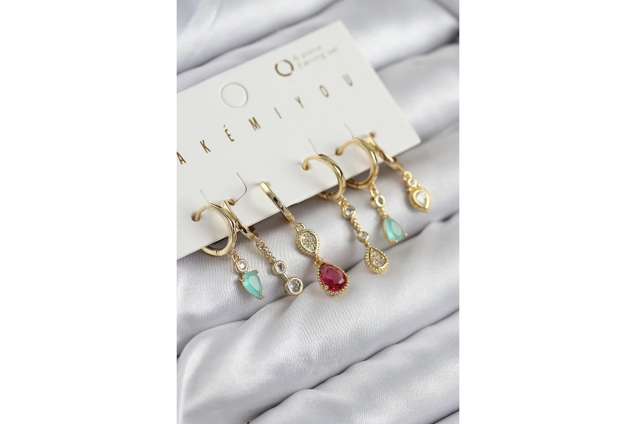 Shoecide Pirinç Zirkon Taşlı Sallantılı Model Gold Renk 6lı Küpe Set