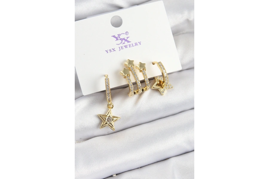 Shoecide Pirinç Zirkon Taşlı Sallantılı Yıldız Model Gold Renk 3lü Kadın Küpe