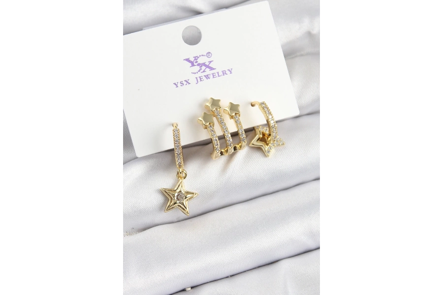 Shoecide Pirinç Zirkon Taşlı Sallantılı Yıldız Model Gold Renk 3lü Kadın Küpe
