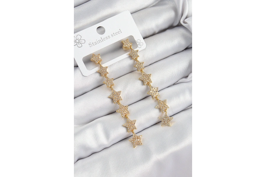 Shoecide Pirinç Zirkon Taşlı Sallantılı Yıldız Model Gold Renk Kadın Küpe