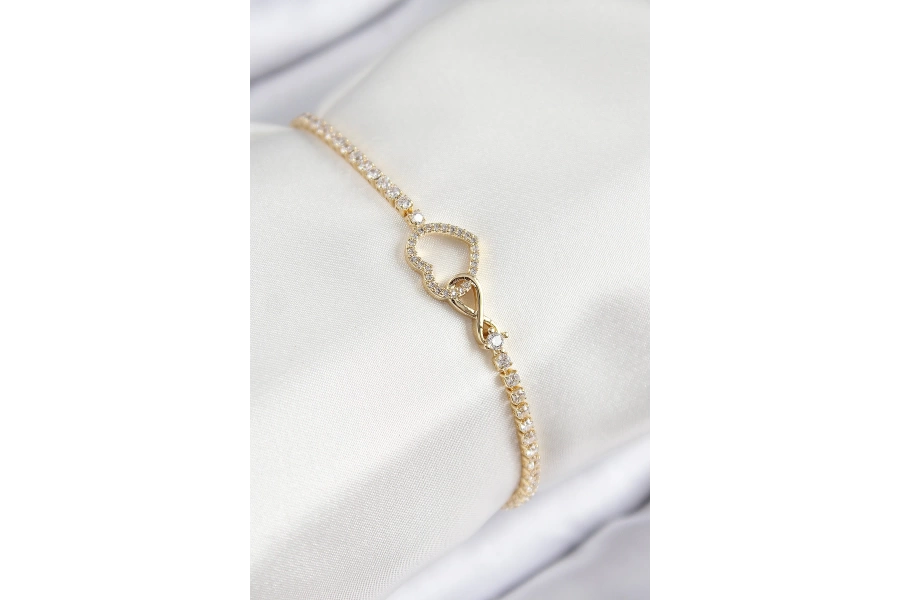 Shoecide Pirinç Zirkon Taşlı Sonsuzluk Kalp Model Gold Renk Kadın Bileklik