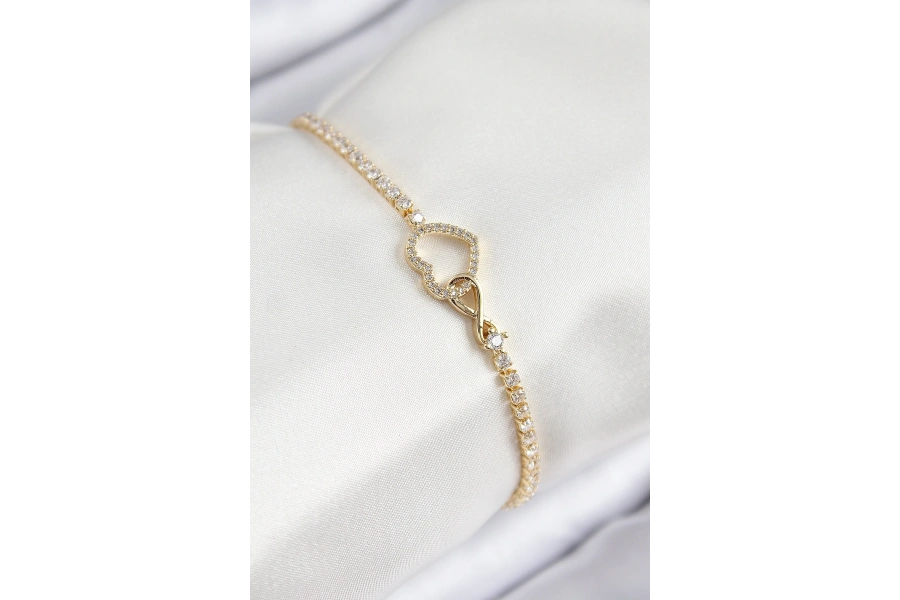 Shoecide Pirinç Zirkon Taşlı Sonsuzluk Kalp Model Gold Renk Kadın Bileklik
