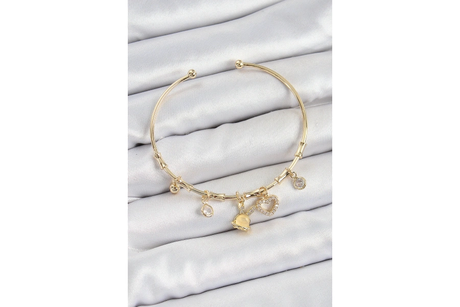 Shoecide Pirinç Zirkon Taşlı Tavşan Ve Kalp Model Gold Renk Charm Bileklik