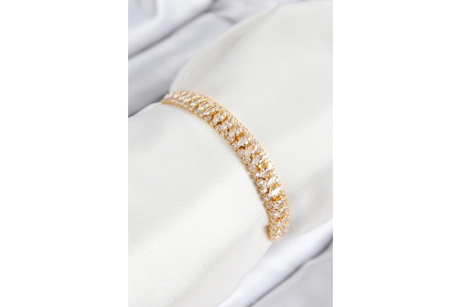 Shoecide Pirinç Zirkon Taşlı Tennıs Model Gold Renk Asansörlü Kadın Bileklik