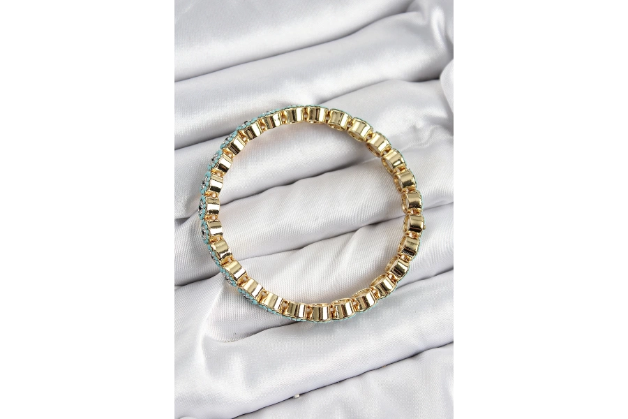 Shoecide Pirinç Zirkon Taşlı Turkuaz Nazar Model Gold Renk Lastikli Kadın Bileklik