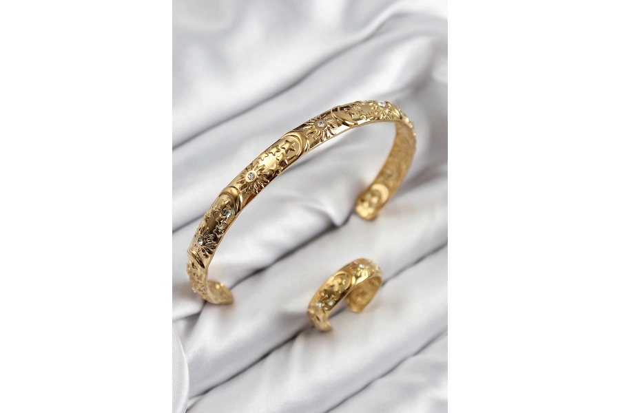 Shoecide Pirinç Zirkon Taşlı Vintage Model Gold Renk Bileklik Yüzük Set