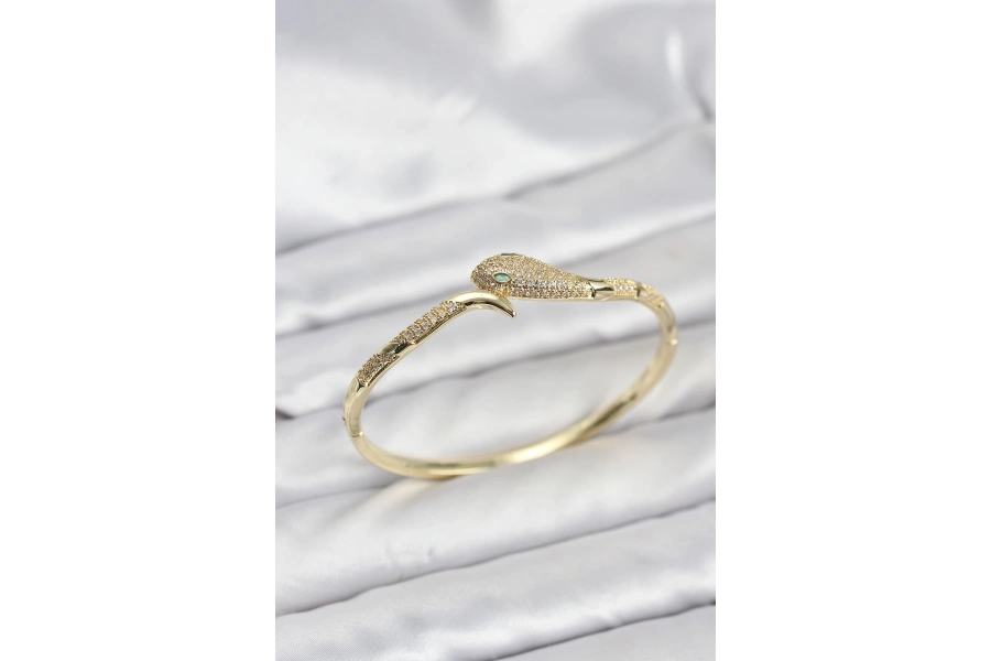 Shoecide Pirinç Zirkon Taşlı Yılan Model Kadın Kelepçe Bileklik