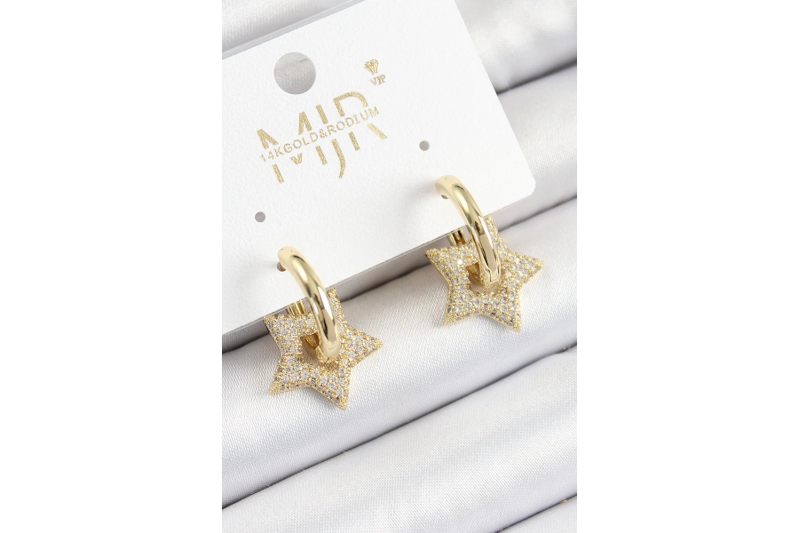 Shoecide Pirinç Zirkon Taşlı Yıldız Figürlü Halka Model Gold Renk Kadın Küpe