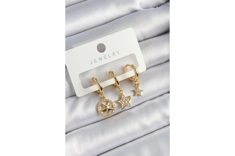 Shoecide Pirinç Zirkon Taşlı Yıldız Model Gold Renk 3lü Çift Kadın Küpe Set