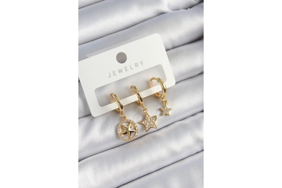 Shoecide Pirinç Zirkon Taşlı Yıldız Model Gold Renk 3lü Çift Kadın Küpe Set