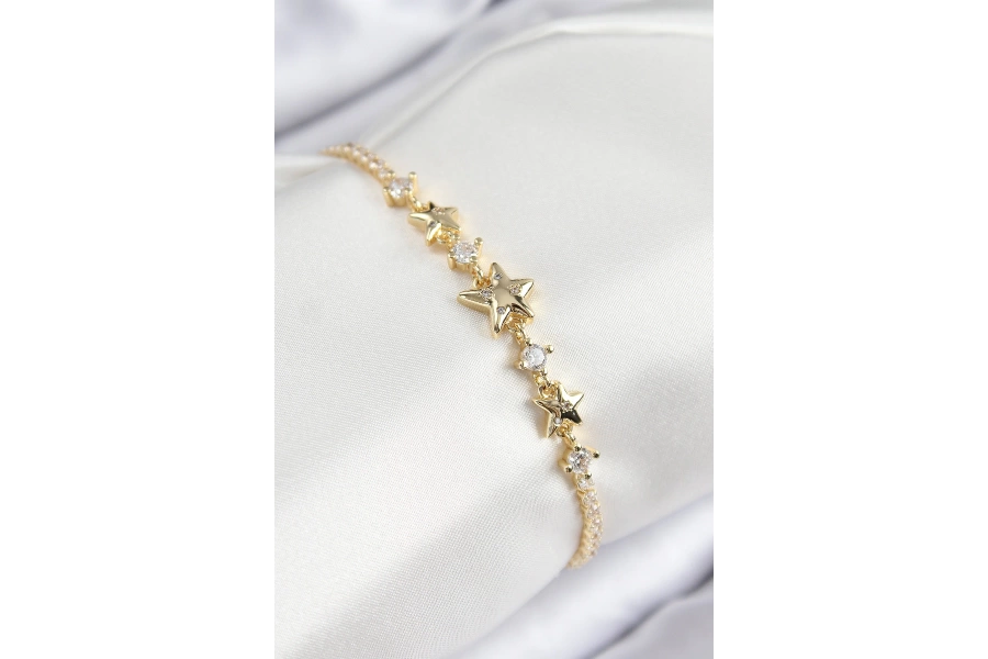 Shoecide Pirinç Zirkon Taşlı Yıldız Model Gold Renk Kadın Bileklik