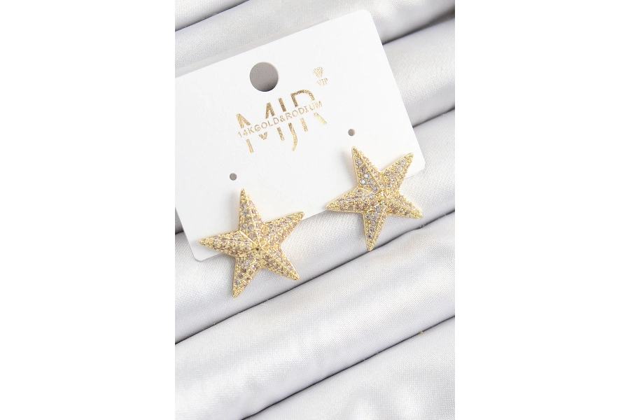 Shoecide Pirinç Zirkon Taşlı Yıldız Model Gold Renk Kadın Küpe