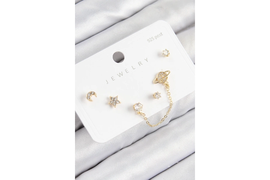 Shoecide Pirinç Zirkon Taşlı Yıldız Ve Gezegen Model Gold Renk 925 Ayar Gümüş Çivi Kadın Küpe Set