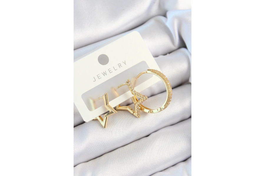 Shoecide Pirinç Zirkon Taşlı Yıldız Ve Halka Model Gold Renk 3lü Çift Kadın Küpe Set