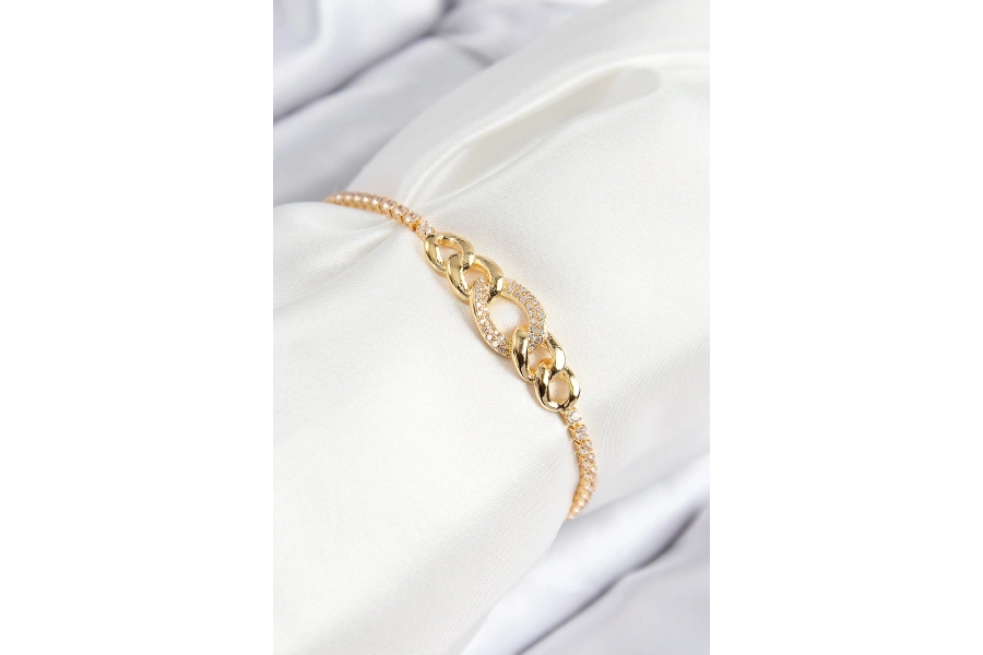 Shoecide Pirinç Zirkon Taşlı Zincir Model Gold Renk Asansörlü Kadın Bileklik