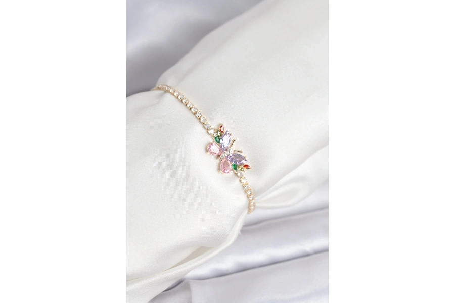 Shoecide Renkli Kelebek Model Zirkon Taşlı Asansörlü Su Yolu Kadın Bileklik
