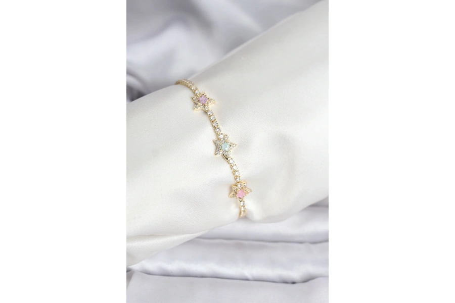 Shoecide Renkli Yıldız Model Zirkon Taşlı Gold Renk Pirinç Su Yolu Kadın Bileklik