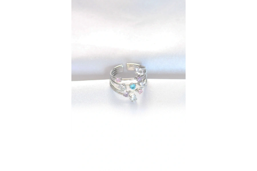 Shoecide Renkli Zirkon Taşlı Silver Renk Ayarlanabilir Yüzük