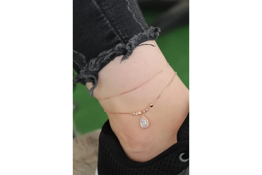 Shoecide Rose Gold Renk Zirkon Damla Taşlı Halhal