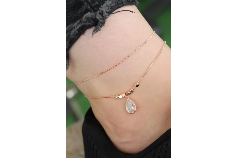 Shoecide Rose Gold Renk Zirkon Damla Taşlı Halhal
